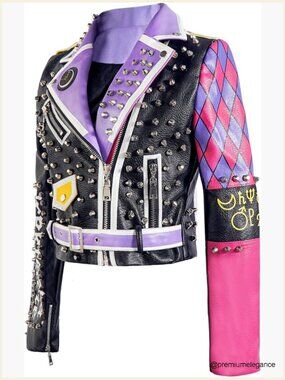 Faux Leather Punk Biker Jacket with Studded Rivets and Graffiti Print